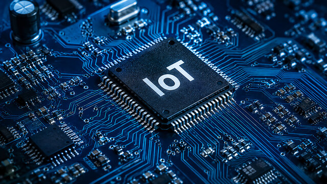 A close-up of a blue circuit board featuring a central microchip labeled "IoT," representing Internet of Things technology.