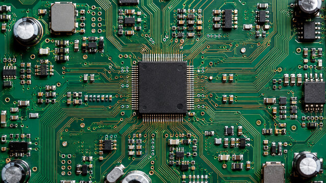 Close-up of a green printed circuit board featuring a central microchip and multiple electronic components connected by intricate copper traces.