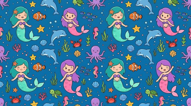 Cute mermaids and sea creatures seamless pattern on blue background