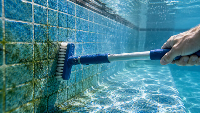 Underwater cleaning of algae and dirt on a tiled swimming pool wall using a scrubbing brush held by a hand.