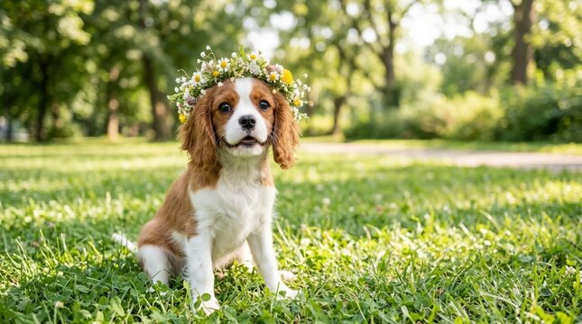 Cavalier King Charles Spaniel puppy wearing a floral wreath. Cute dog sitting on green grass in a sunny park. Spring pet lifestyle concept