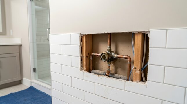 Exposed shower valve and copper pipes inside a bathroom wall. Plumbing repair and home maintenance concept. White tiled wall with cut opening for pipe access