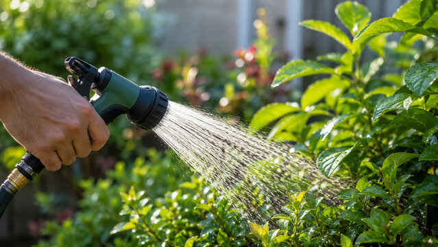 A person waters green garden plants with a spray nozzle, highlighting outdoor gardening in bright sunlight.