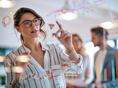Woman writing on glass board in office while two people discuss in background during a meeting