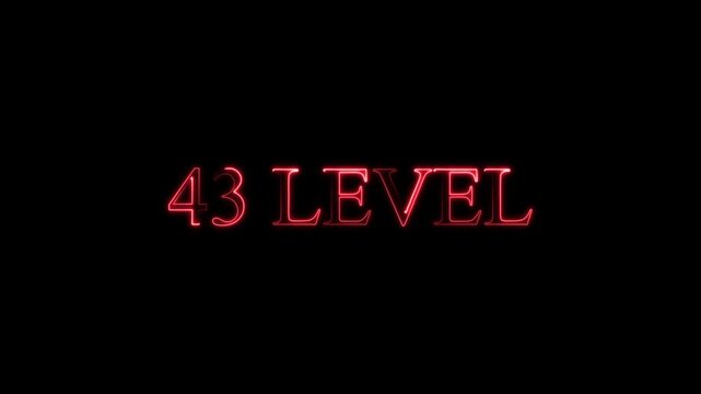 neon Level-43 text inside a horizontal banner on black background. level 43 text icon animation. Neon level up sign. neon next Level text.Level Thirty six text font with glowing neon light.Level