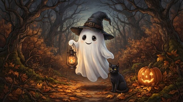 Friendly Halloween Ghost with Witch Hat and Lantern in an Enchanted Autumn Forest