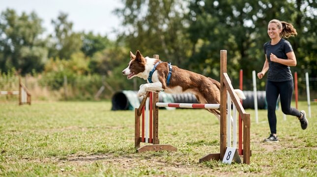 Border collie jumping over a hurdle on an agility course. Female handler training her dog in an outdoor grassy field