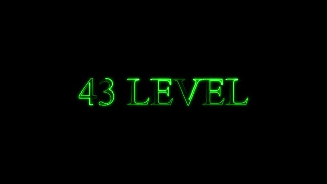 neon Level-43 text inside a horizontal banner on black background. level 43 text icon animation. Neon level up sign. neon next Level text.Level Thirty six text font with glowing neon light.Level