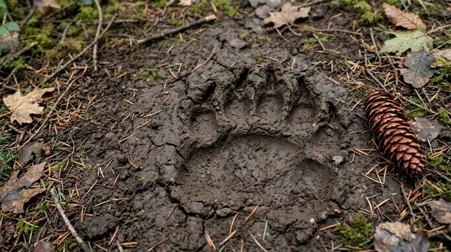 Close up of a large bear paw print in wet mud on a forest floor. Detailed animal footprint track with a pine cone and autumn leaves in the wild