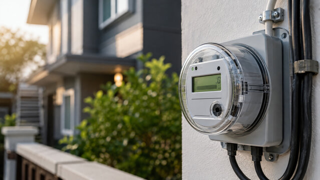 A modern smart electric meter mounted on a residential building wall during daylight.