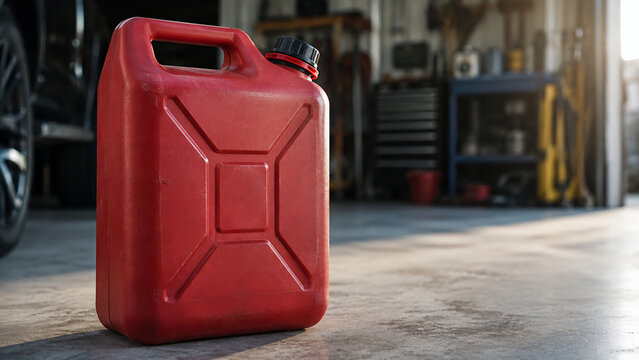 A red plastic fuel container sits on a concrete floor in a workshop or garage with tools and equipment blurred in the background.