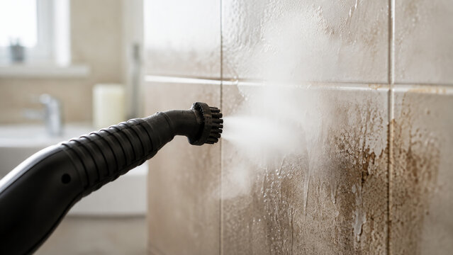 A steam cleaner is being used to clean dirt and grime from tiled bathroom walls.