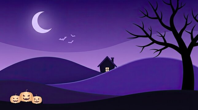 A spooky landscape illustration featuring a crescent moon and carved pumpkins celebrating a happy halloween day in a dark purple forest