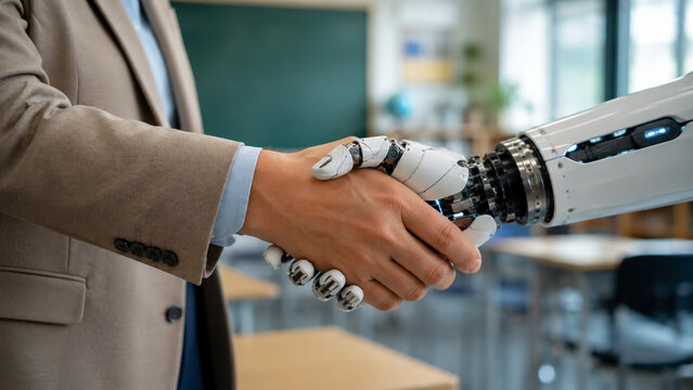 A human in a suit shakes hands with a robotic arm in a modern office, symbolizing collaboration between humans and technology.
