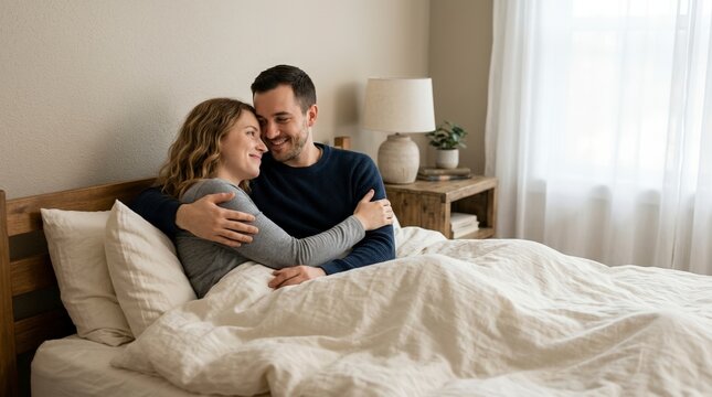 Young couple cuddling affectionately in bed. Smiling partners embracing under a warm duvet in a cozy bedroom. Intimacy and love at home concept
