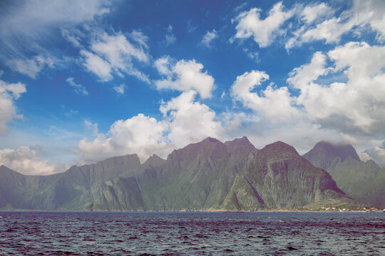 View of the Lofoten Islands from the ferry going from Moskenes to Bodo
