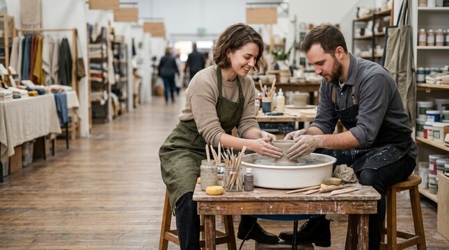 Couple shaping a clay pot on a pottery wheel in a craft studio. Man and woman collaborating on a handmade ceramic vessel. Creative pottery workshop and hobby concept