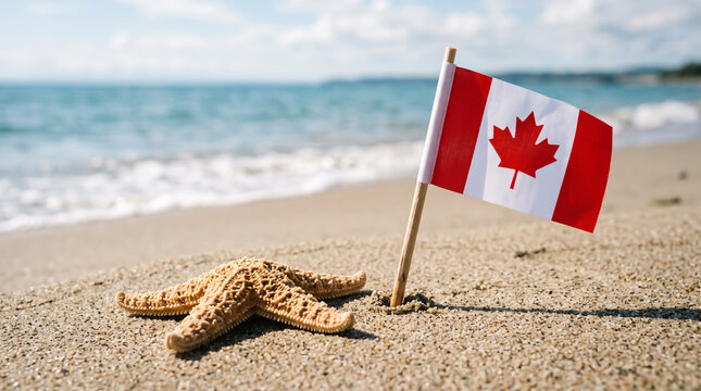 Canadian flag on a beach with a starfish celebrating Labor Day and summer vacation