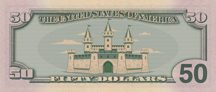 Financial illustration. Banknote reverse. 50 dollars denomination. United States of America. Fairytale cartoon castle. Play money. Flyer discount and coupon, Fifty. Toon certificate. Engraving style