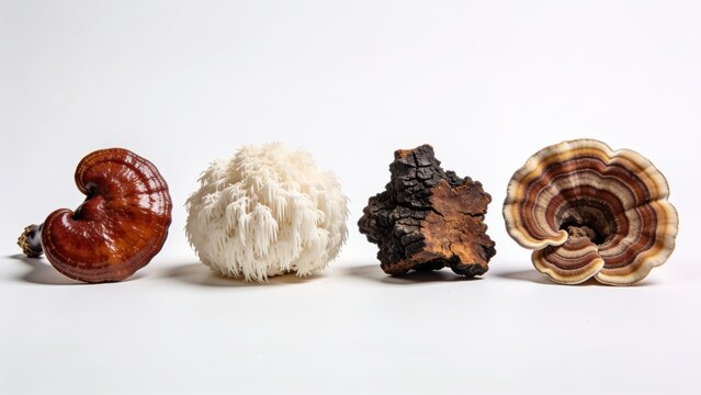 background with four distinct types of mushrooms arranged in a horizontal line. From left to right, the first mushroom is a Reishi, characterized by its glossy, reddish-brown, kidney-shaped cap with a