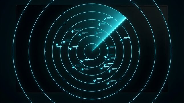 Blue digital radar screen tracking aircraft icons on dark background