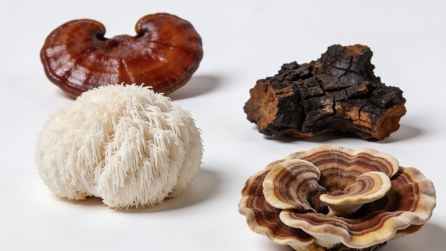 background with four distinct types of mushrooms arranged in a horizontal line. From left to right, the first mushroom is a Reishi, characterized by its glossy, reddish-brown, kidney-shaped cap with a