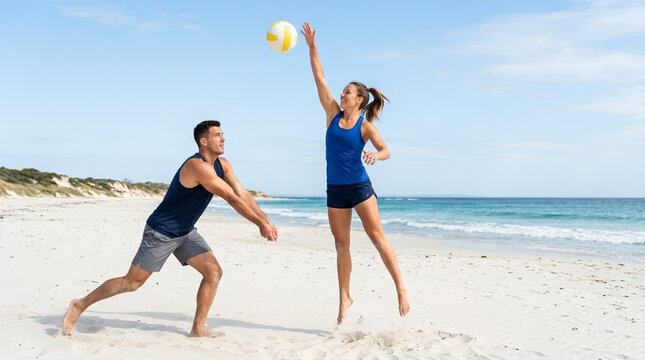 Couple playing beach volleyball on a sunny day. Athletic man and woman jumping and diving for the ball on white sand beach. Active summer lifestyle concept