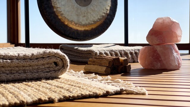 Gong, woven blankets, palo santo wood, and rose quartz on wooden deck