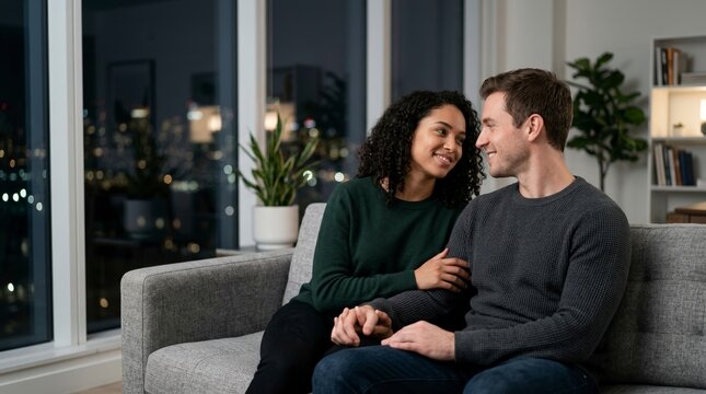 Couple holding hands on a sofa in a modern apartment at night. Man and woman looking at each other with city lights background. Cozy indoor romance concept