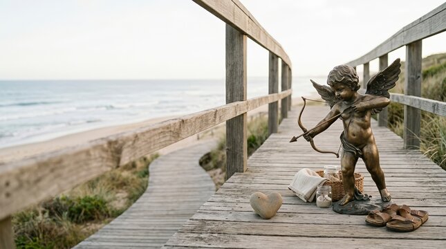Bronze Cupid statue aiming a bow at a heart stone on a wooden beach boardwalk. Romantic still life with a coastal path, basket, and sandals. Valentine and love concept