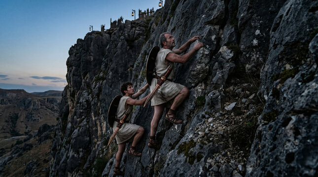 Jonathan and his armor-bearer bravely scaling a steep, jagged cliff to secretly ambush the Philistine outpost at Michmash