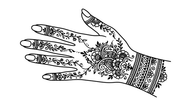 Intricate henna tattoo design on a hand with floral patterns.