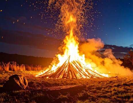 Large ceremonial bonfire burning at night, sparks flying, ritual celebration concept, no people