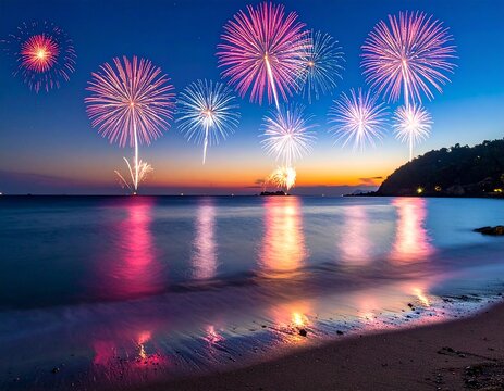 Fireworks reflecting on ocean surface at night, long exposure effect, no humans