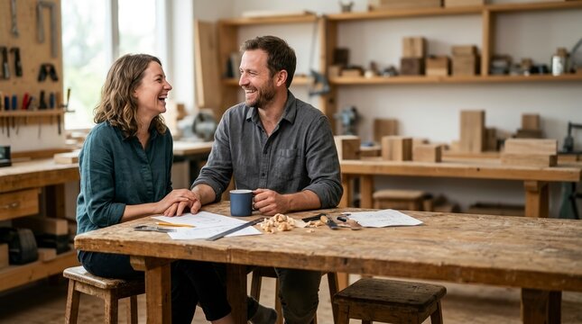 Candid couple laughing at a wooden workshop table. Man and woman holding hands in a carpentry studio with sketches and tools