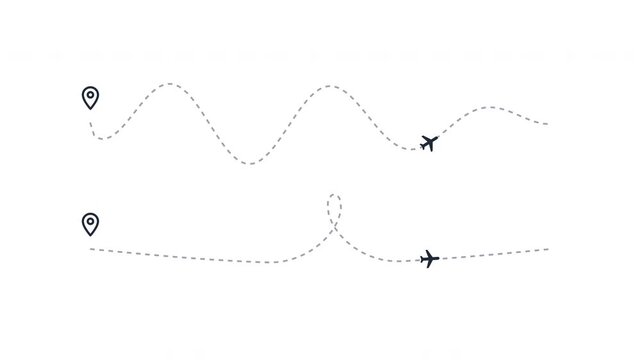Airplane flight path, dashed travel route, plane icon on white