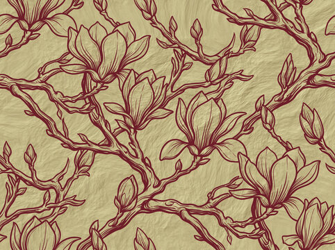 Seamless pattern floral magnolia in background wallpaper flower of branch blossom vector texture design vintage botanical illustration textile fabric spring art nature