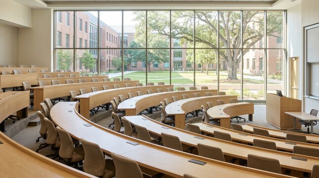 Empty Modern University Lecture Hall with Large Windows