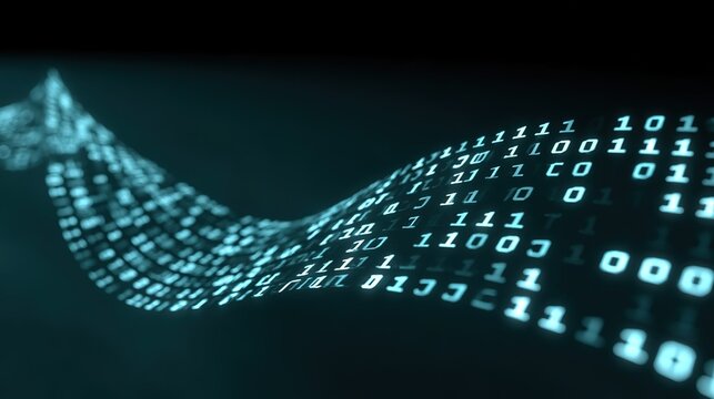 Flowing ribbon of luminous cyan binary digits 0 and 1 curving across dark teal background, digital DNA helix wave with structured fluid grid and soft glowing aura