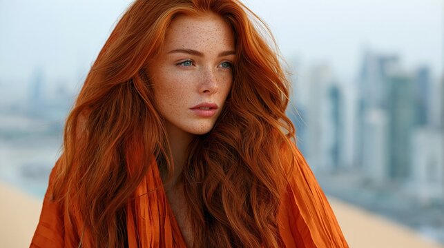 Redhead woman with long hair and freckles closeup portrait for beauty banner and fashion wallpaper with urban skyline background