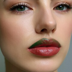 Naklejka premium Closeup two tone green and red glossy lips makeup detail for beauty banner and cosmetic campaign and advertising design