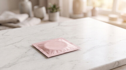 Naklejka premium Pink condom wrapper on marble surface for sexual wellness