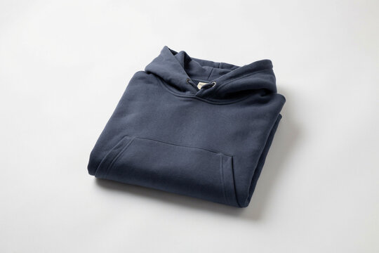 Folded navy blue hoodie on white background, minimal studio still life with soft shadows for apparel retail, e-commerce product listing and catalog design