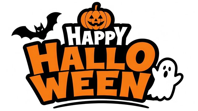 Halloween festive greeting with pumpkin, bats, and ghosts in bold orange and black vector design