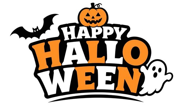 Halloween festive greeting with flying bat, jack-o-lantern, and ghost illustration on orange background