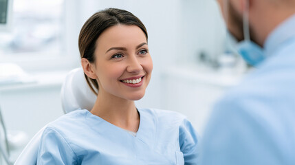 Fototapeta premium Smiling woman talking to her dentist during a checkup in the clinic