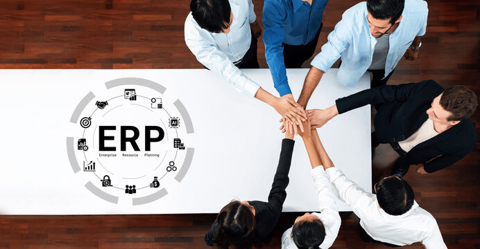 Business Team Collaboration for Enterprise Resource Planning Strategy with Diverse Professionals and Graphical ERP Concept. Glyphic.