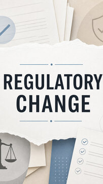Paper cut collage featuring regulatory change text with legal, compliance and checklist document symbols in blue and neutral tones.
