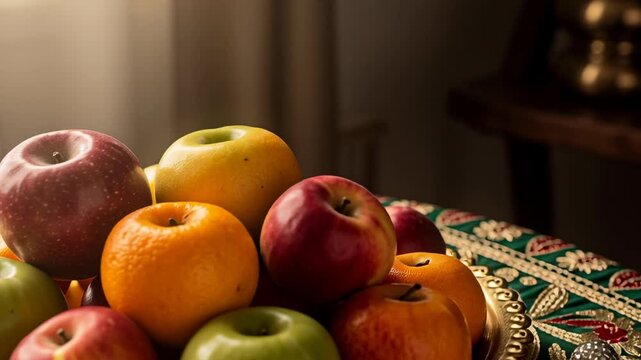 Vibrant Fruit Arrangement And Flowers For Devutthana Ekadashi Ritual Offering Indoors