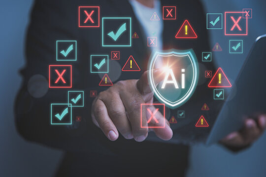 A professional user interacts with an advanced artificial intelligence security shield interface. Green checkmarks and red error marks float dynamically around a central AI graphic.